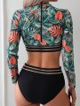 SHEIN Swim Vcay Color Block & Tropical Leaf Print & Hollow Out One Piece Swimsuit