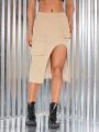 Women'S Solid Color Flip Pocket Split Denim Skirt