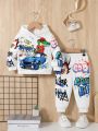 SHEIN Infant Boys' Street Style Cartoon Dinosaur & Car Pattern Hooded Sweatshirt And Long Pants Set