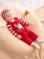 SHEIN Newborn Baby Boys' Cute Christmas Pattern Striped Patchwork Romper With Hat 2pcs/set