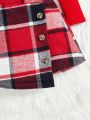 SHEIN Kids FANZEY Young Girl Square Neck Gigot Sleeve Tee & Plaid Print Asymmetrical Hem Skirt