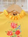 SHEIN Kids Nujoom Young Girl Yellow Floral Printed Frill Trim Top And Pants Set