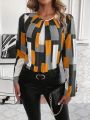 Plus Geometric Color Block Round Neck Shirt