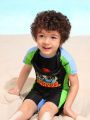 Young Boy'S Letter And Coconut Tree Print Short Sleeve Swimsuit With Shorts