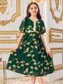 SHEIN Kids Nujoom Tween Girls' Slim Fit Cute Leaf Print V-Neck Dress