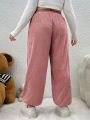 SHEIN Qutie Plus Size Pink Corduroy Pants, Cute And Versatile, For Autumn And Winter