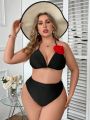 SHEIN Swim Chicsea Women'S Plus Size Color-Blocking Bikini Top With 3d Flower Decoration And Halter Neck