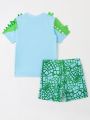 Young Boy's Alligator Texture Short-Sleeve Letter Print Swimwear Set