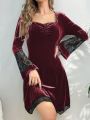 Ladies' Velvet Sleepwear Dress With Lace Splicing