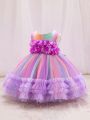 Baby Girl Floral Appliques Colorful Mesh Hem Gown Dress