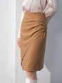 Anewsta Women's Solid Button Detailed Asymmetric Hem Wrap Skirt