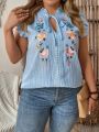 Plus Size Knotted Neckline Ruffled Floral Embroidery Blouse