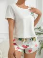 Women's Pineapple & Letter Print Short Sleeve Top And Shorts Pajama Set