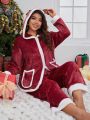 Plus Christmas Contrast Trim Hooded Flannel PJ Set