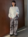 FRIFUL Women's Full Printed Patchwork Wide Leg Pants With Side Split