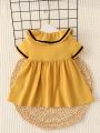 SHEIN Baby Contrast Tape Bow Front Ruffle Trim Dress