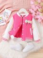 Young Girl Letter Graphic Floral Patched Striped Trim Varsity Jacket