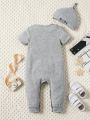 2pcs/Set Baby Boy Casual Letter Print Jumpsuit With Short Sleeves & Long Pants And Hat, Summer