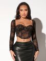 SHEIN SXY Sexy Lace Splicing Sweetheart Neckline Elegant Long Sleeve Corset T-Shirt