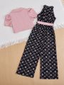 SHEIN Kids CHARMNG Tween Girls' Short Sleeve Blazer With Stand Collar, Detachable Sleeveless Contrast Belt Print Jumpsuit 2pcs/Set