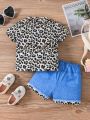 Infant Girls' Stylish And Cool Leopard Character Print Short Sleeve T-Shirt With Faux Denim Print Shorts Set