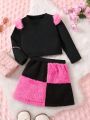 SHEIN Kids Cooltwn Toddler Girls' Plush Splicing Warm Long Sleeve Two-piece Set For Autumn And Winter