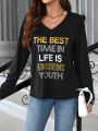 EMERY ROSE Women's V Neck Long Sleeve T-shirt With Letter Print