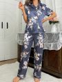 Imitation Silk Floral Print Pajama Set With Lapel Collar