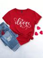 Women's Letter & Heart Pattern Printed Short Sleeve T-Shirt, Family Outfits, Sold Separately (5 Items)