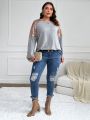 SHEIN Frenchy Women's Plus Size Sequin Patchwork Round Neck Long Sleeve T-shirt