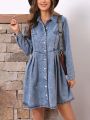 SHEIN LUNE Ladies' Button-front Folded & Pleated Denim Dress