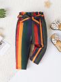 SHEIN Baby Girl Casual Striped Pattern Elastic Waist Long Pants With Belt