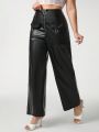 Sara Cennamo Plus Zip Fly Flap Detail PU Leather Wide Leg Pants