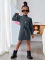 SHEIN Kids Cooltwn Little Girls' Cool Street Style Half High Collar Solid Color Ribbed Knit Dress