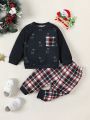 Fall And Winter Infant Boys' Deer & Plaid Print Sweatshirt And Jogger Pants Set