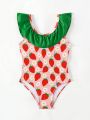 Baby Girl Strawberry Print Ruffle Trim One Piece Swimsuit