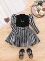 SHEIN Baby Girls' Houndstooth Printed Stand Collar Dress With Letter Pattern