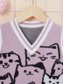 SHEIN Girl's V-neck Cat Pattern Casual Tank Top Sweater