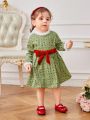 Baby Girls' Plush Geometric Printed Spliced Long Sleeve Dress, Suitable For Outdoor Vacation & Festival, Autumn & Winter