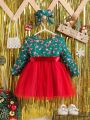 Baby Girl Christmas Print Bow Front Mesh Hem Dress With Headband