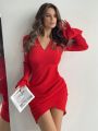 SHEIN Privé Elegant Christmas And New Year'S Red Midi Dress With Exaggerated Flared Sleeves And Deep V-Neckline For Women