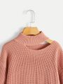 SHEIN Girls' Solid Color Casual Loose Fit High Neck Hollow Knit Sweater