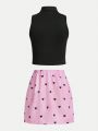 SHEIN Kids HYPEME Teenage Girls' Vintage Minimalist Sleeveless Vest & Heart Shaped Skirt Streetwear