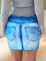 SHEIN SXY Imitation Denim Print Bodycon Skirt Spring Summer Women Clothes Bachelorette Party Spring Break Birthday Outfit Valentine Day Sexy Outfits