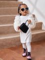 SHEIN Baby Girls' Casual Knitted Splicing Fringed Slim Long Sleeve Dress