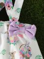Baby Ruffle Trim Top & Floral Print Suspender Skirt With Headband