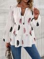 SHEIN Essnce Feather Print Notched Neckline Lantern Sleeve Peplum Blouse