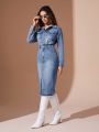 SHEIN BAE Button-up Pocket Detail Denim Shirt Dress Without Waist Belt, Water Washed