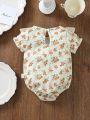 Baby Girls' Floral Patchwork Ruffle Hem And 3d Flower Embellishment Bodysuit With Soft And Comfortable Material