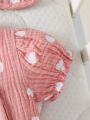 Newborn Baby Girl Heart Print Romper & Accessory Headband & Bib & Gloves